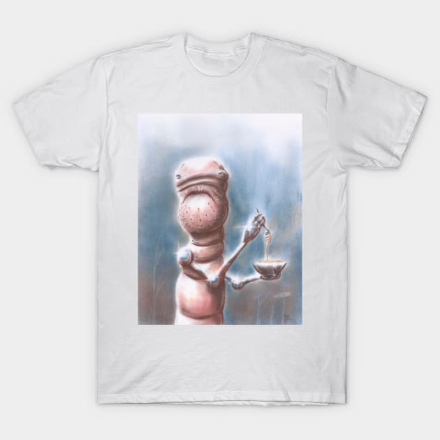 Anthropomorphic Earthworm Eating Pasta T-Shirt by EderArt